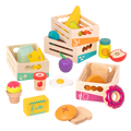 Wooden play food in crates.