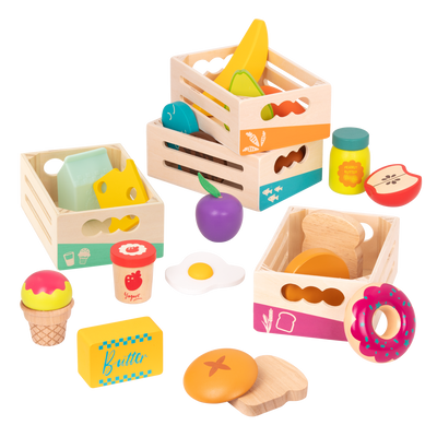 Wooden play food in crates.