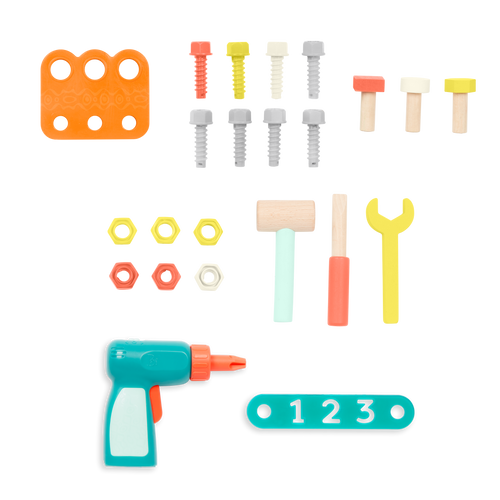 Toy tool box with tools.