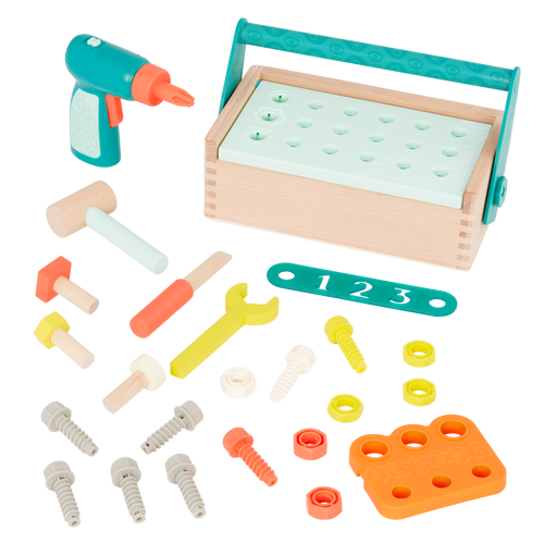 Toy tool box with tools.