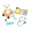 Teddy bear with book, wagon and wooden doctor tools for kids.