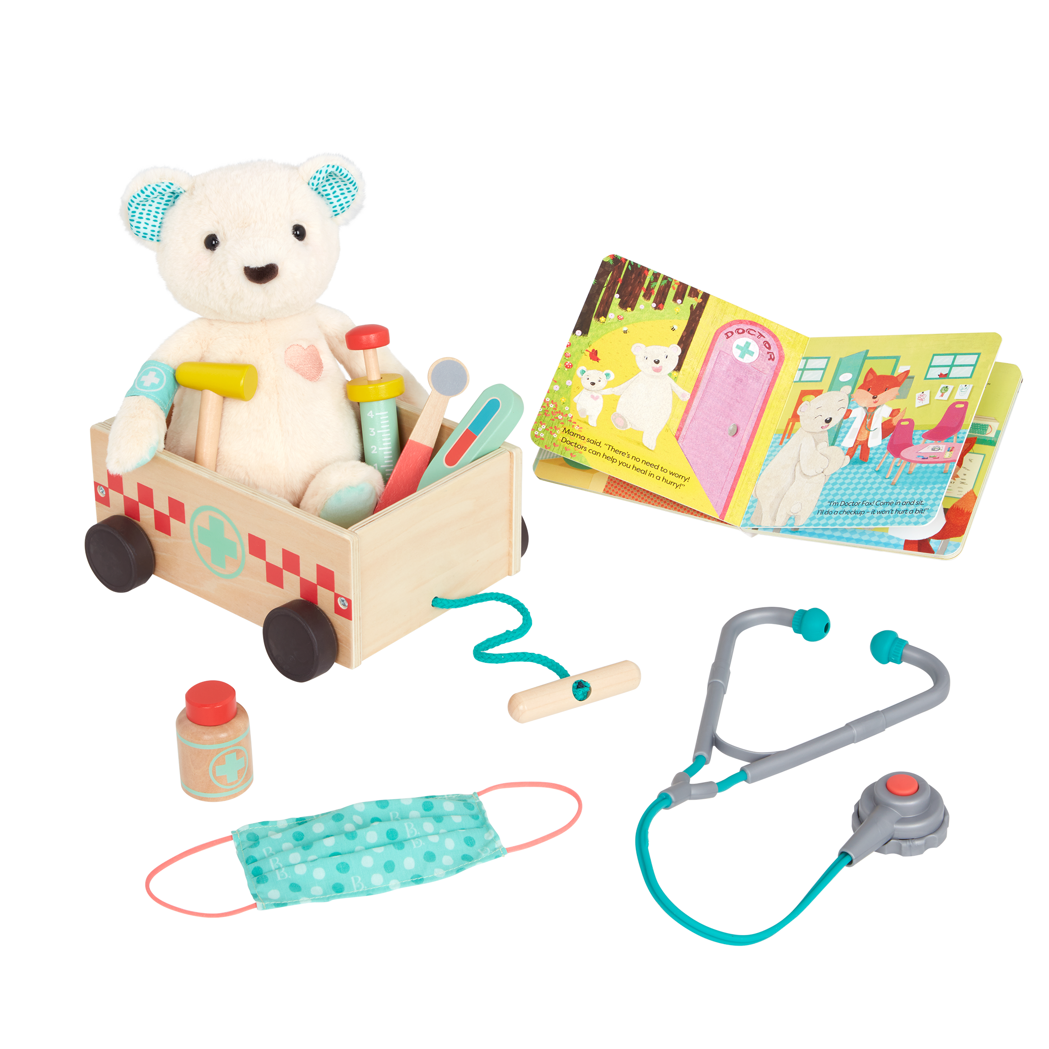 Teddy bear with book, wagon and wooden doctor tools for kids.