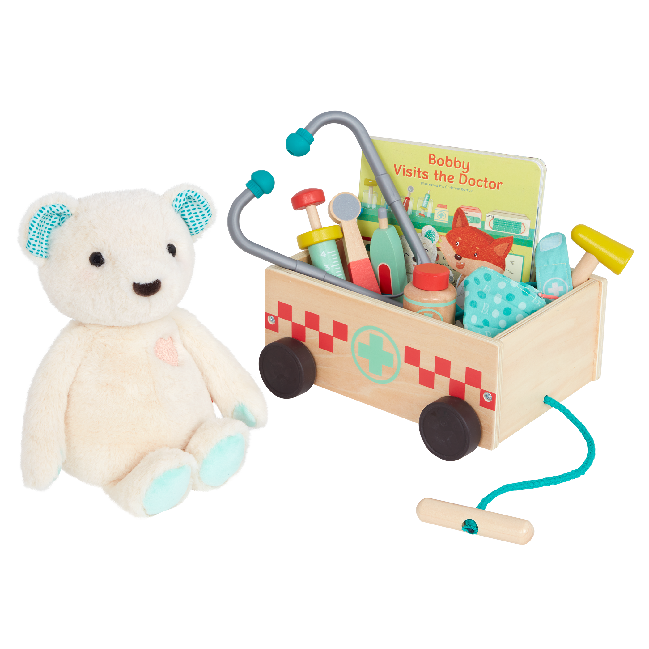 Teddy bear with book, wagon and wooden doctor tools for kids.