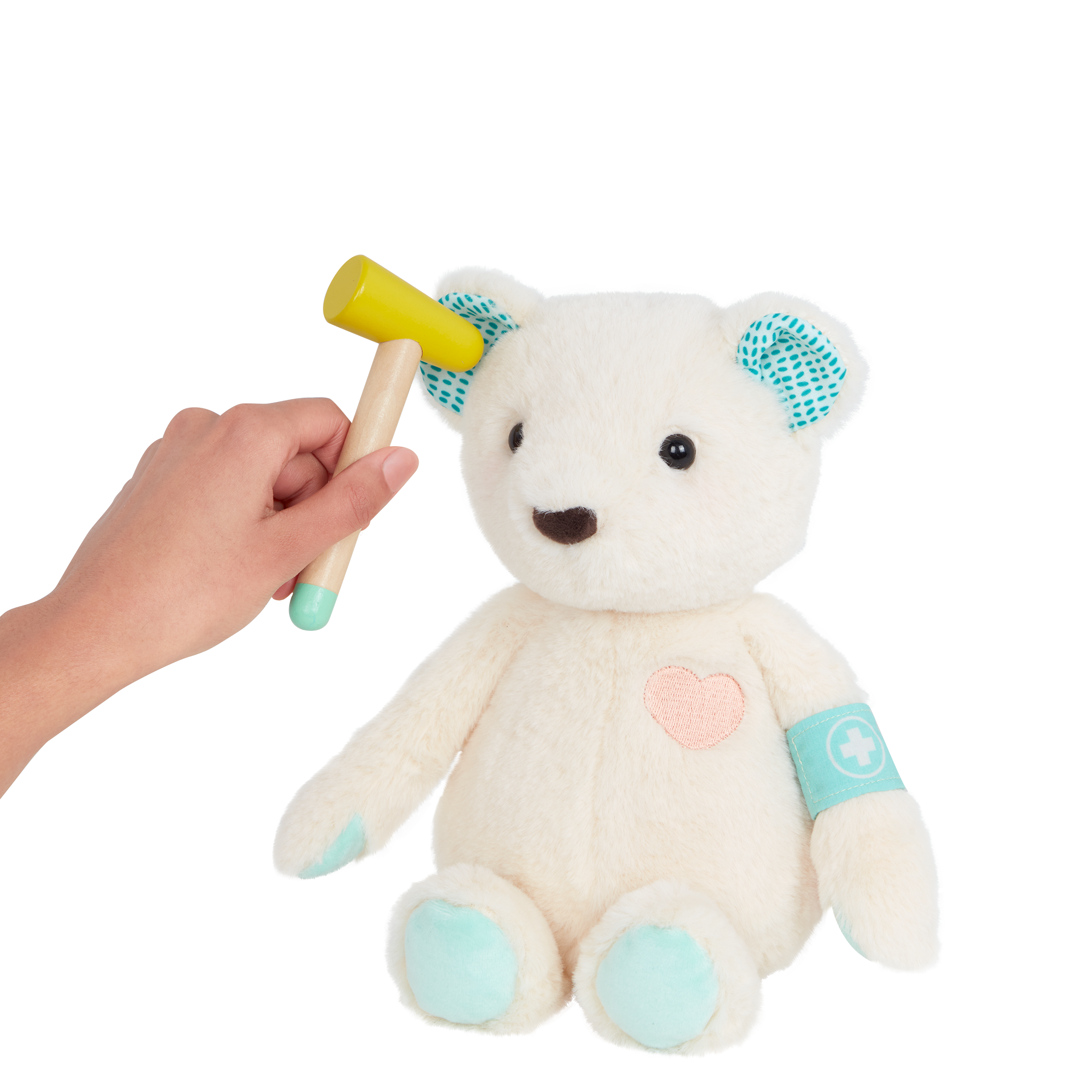 Teddy bear with book, wagon and wooden doctor tools for kids.