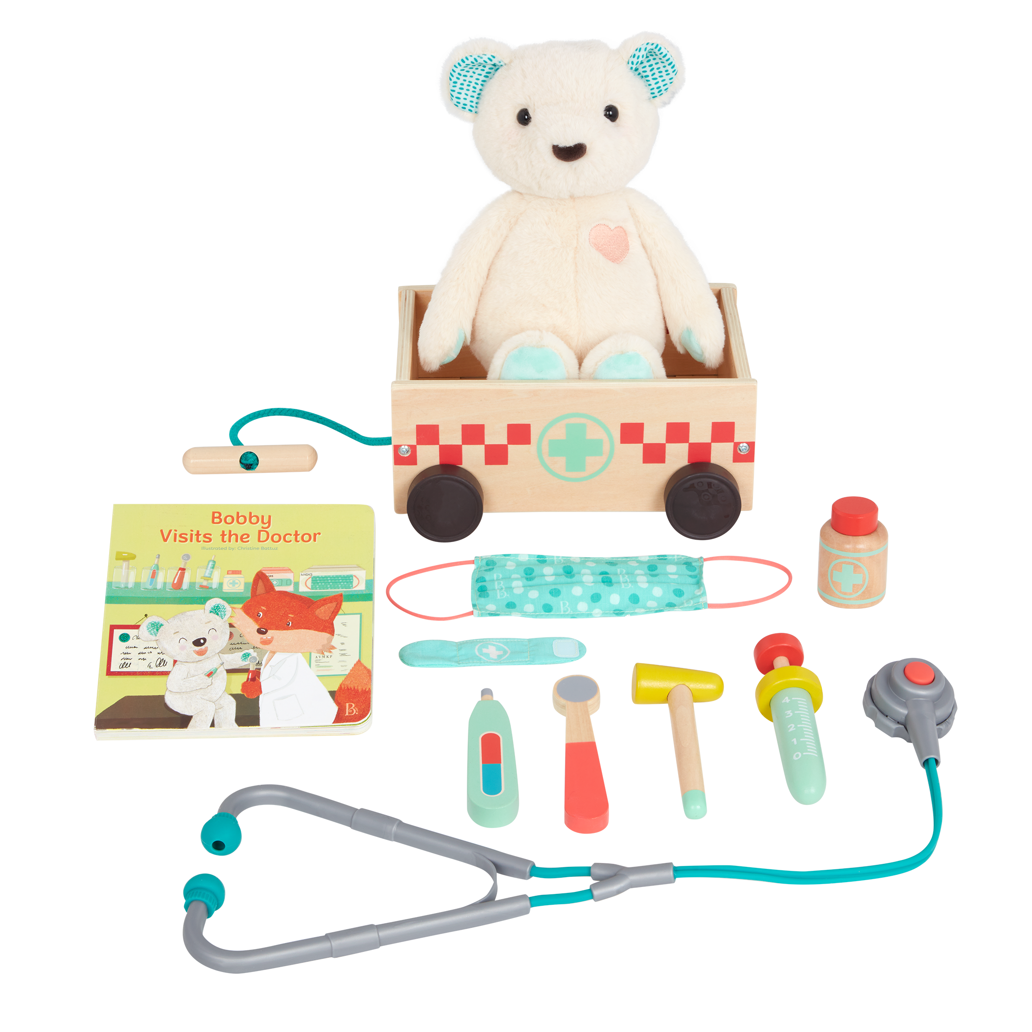Teddy bear with book, wagon and wooden doctor tools for kids.