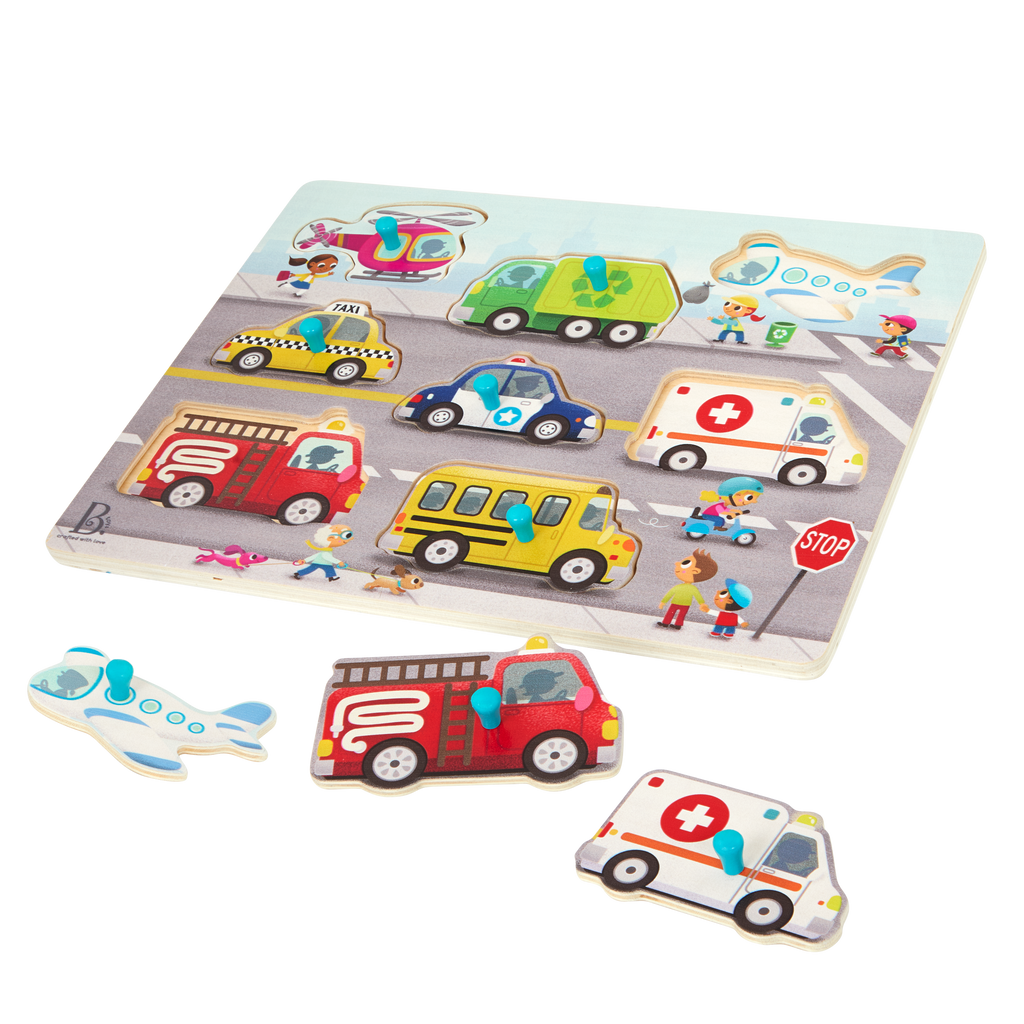 Peg puzzle with vehicles.