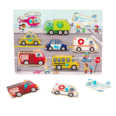 Peg puzzle with vehicles.