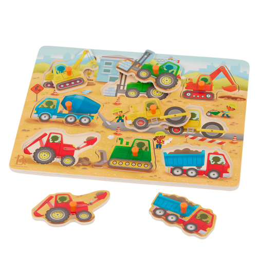 Peg puzzle with construction trucks.