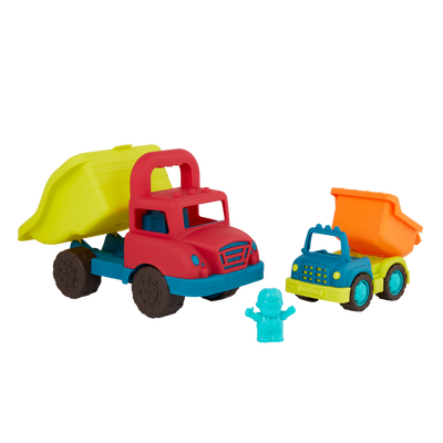 Large toy dump truck and small toy dump truck.
