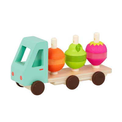 Toy truck with stackable fruits.