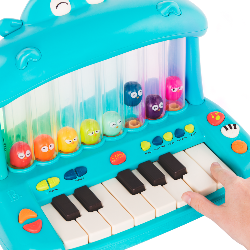 Hippo-shaped play piano for kids with 8 colourful birds.