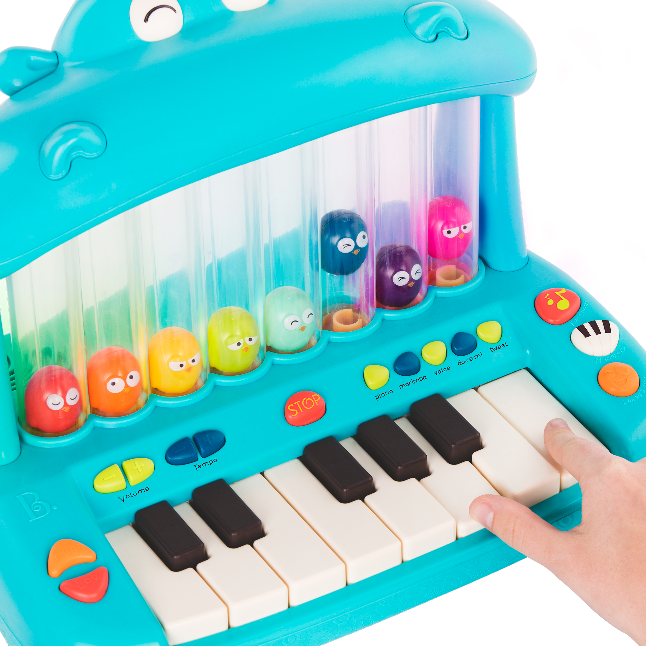Hippo-shaped play piano for kids with 8 colourful birds.