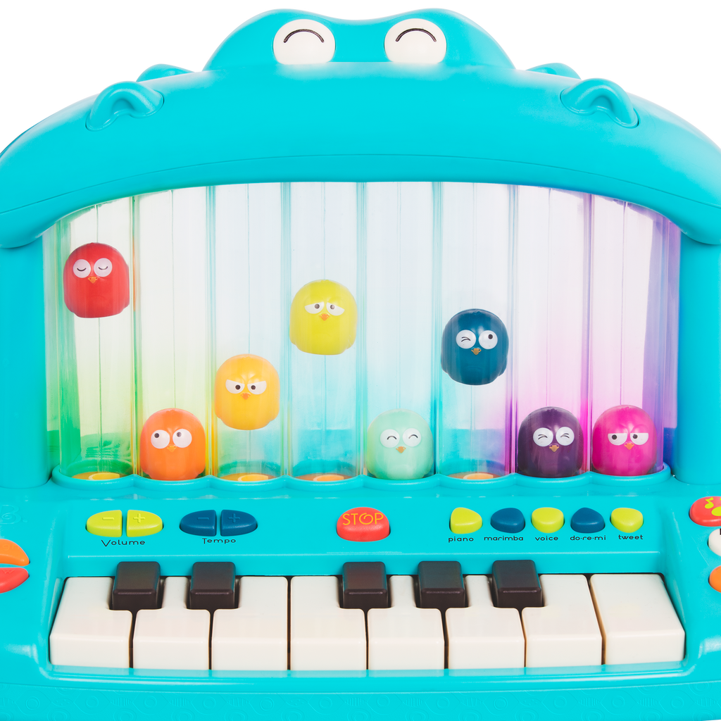Hippo-shaped play piano for kids with 8 colourful birds.