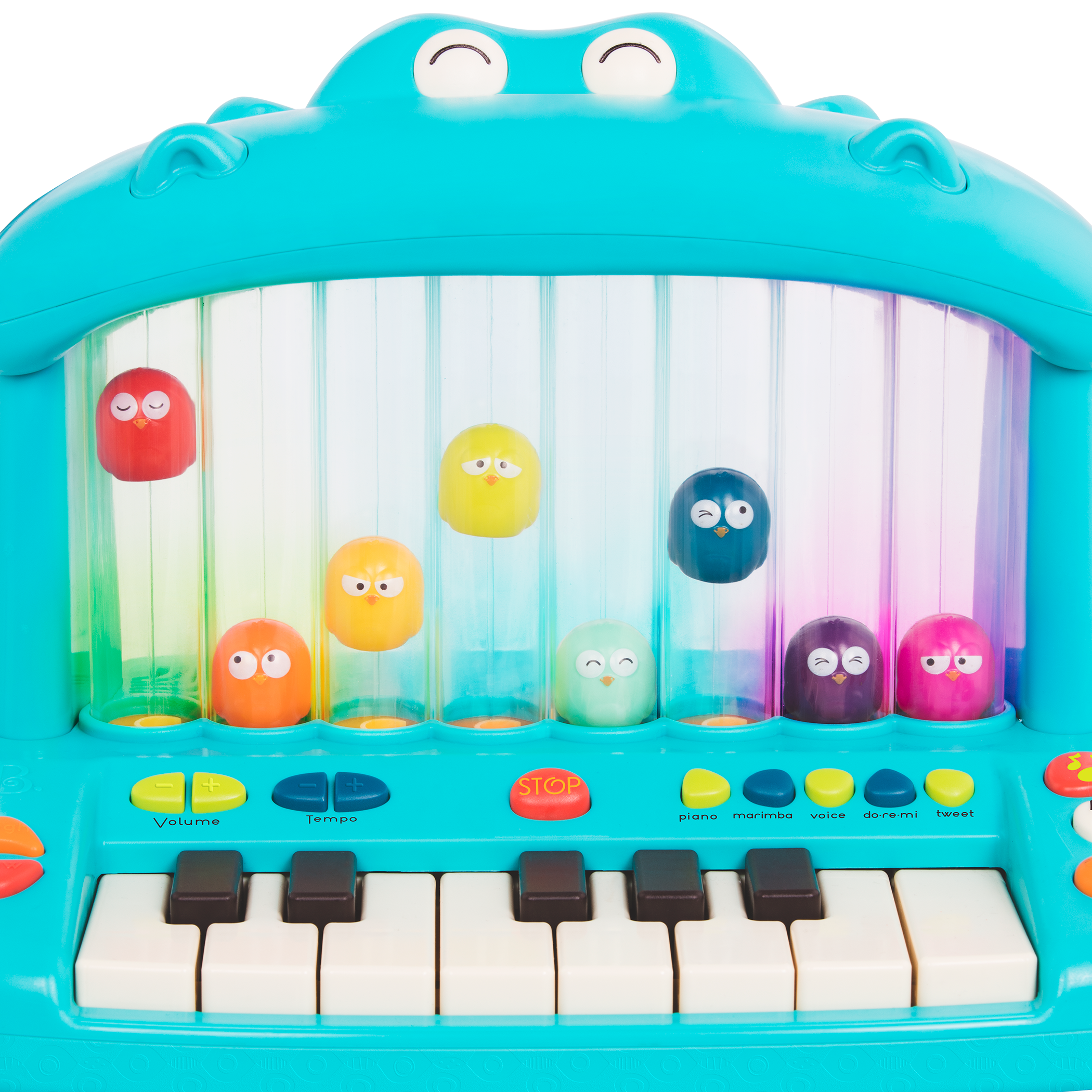 Hippo-shaped play piano for kids with 8 colourful birds.