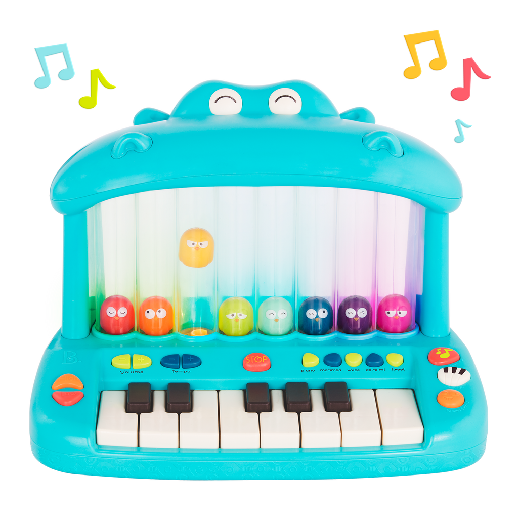 Hippo-shaped play piano for kids with 8 colourful birds.