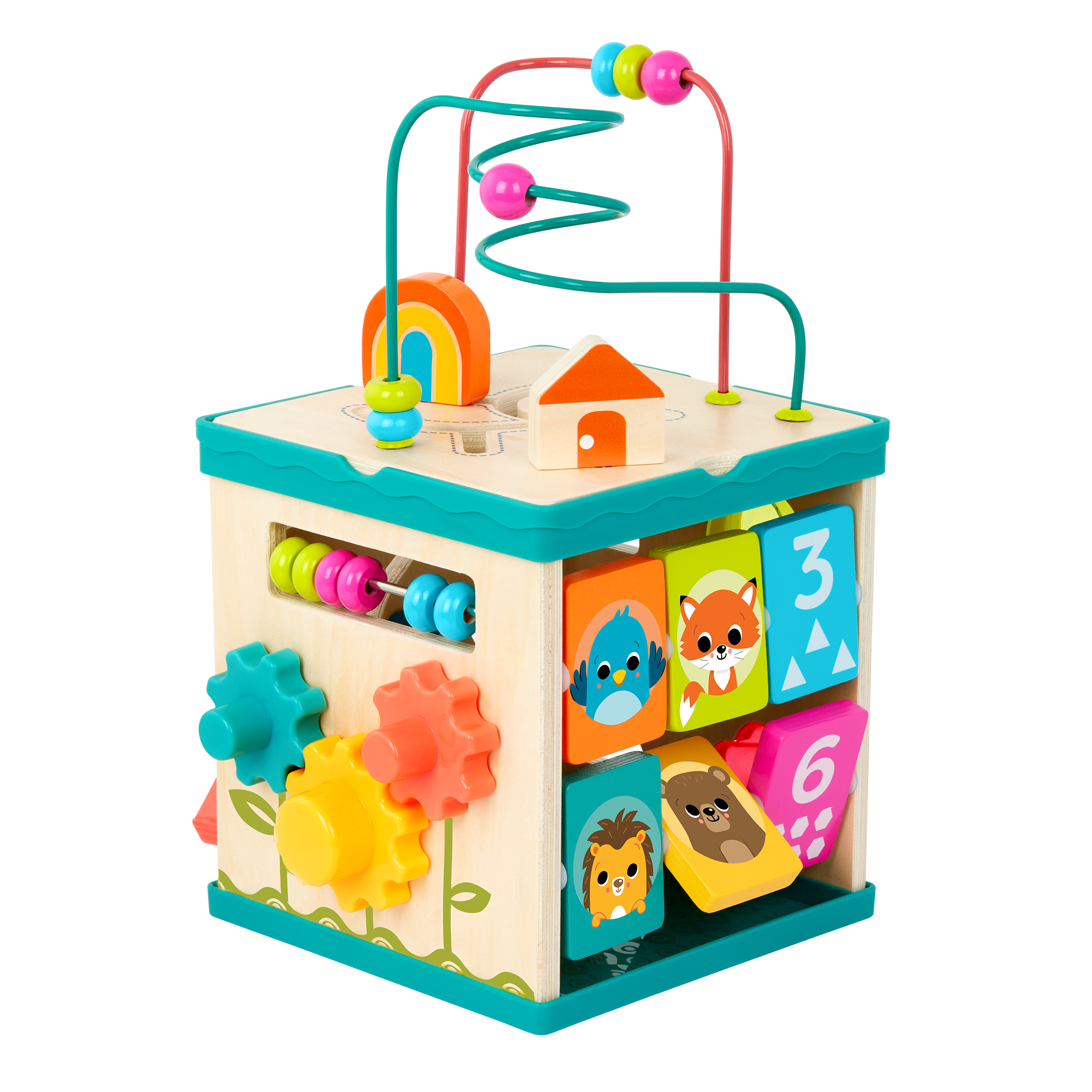 tabletop portable wooden activity cube and baby book