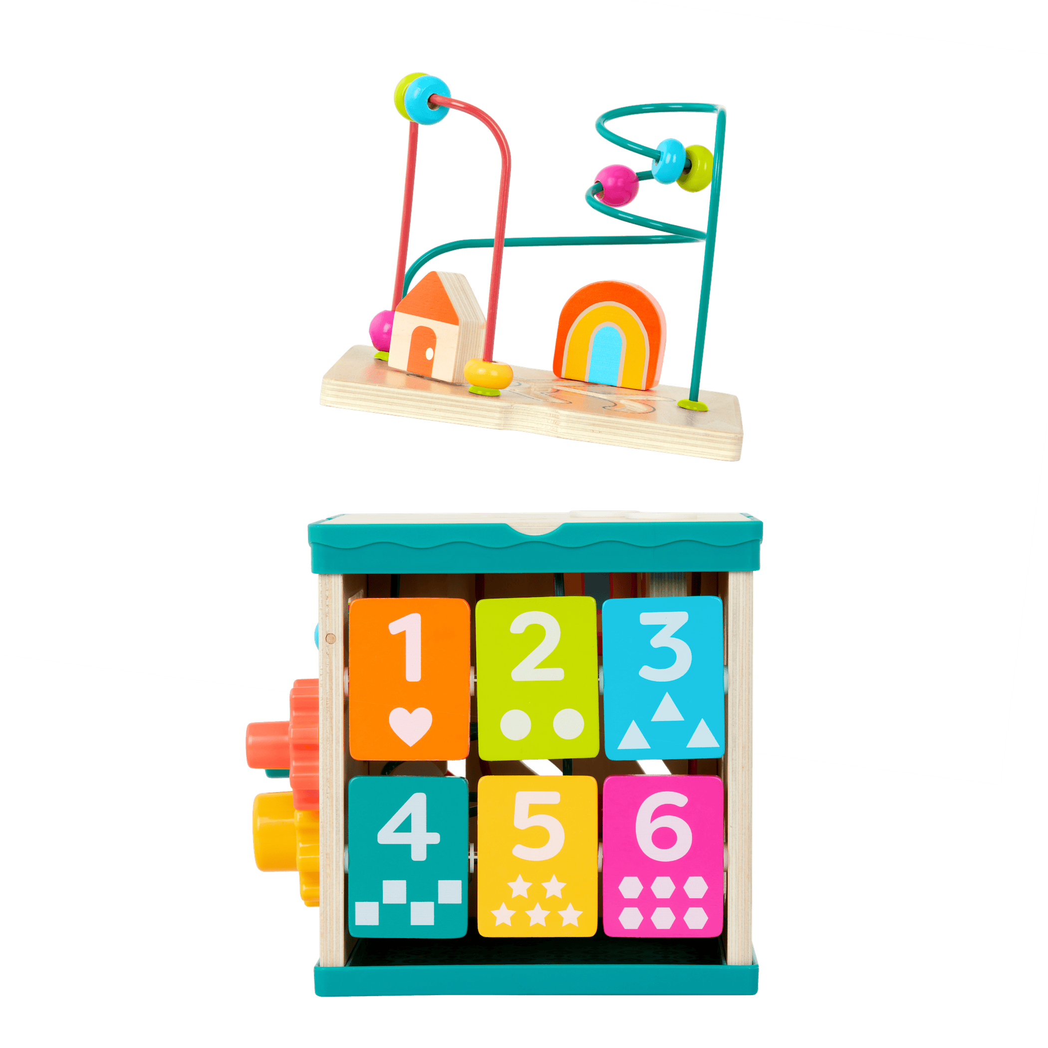tabletop portable wooden activity cube and baby book