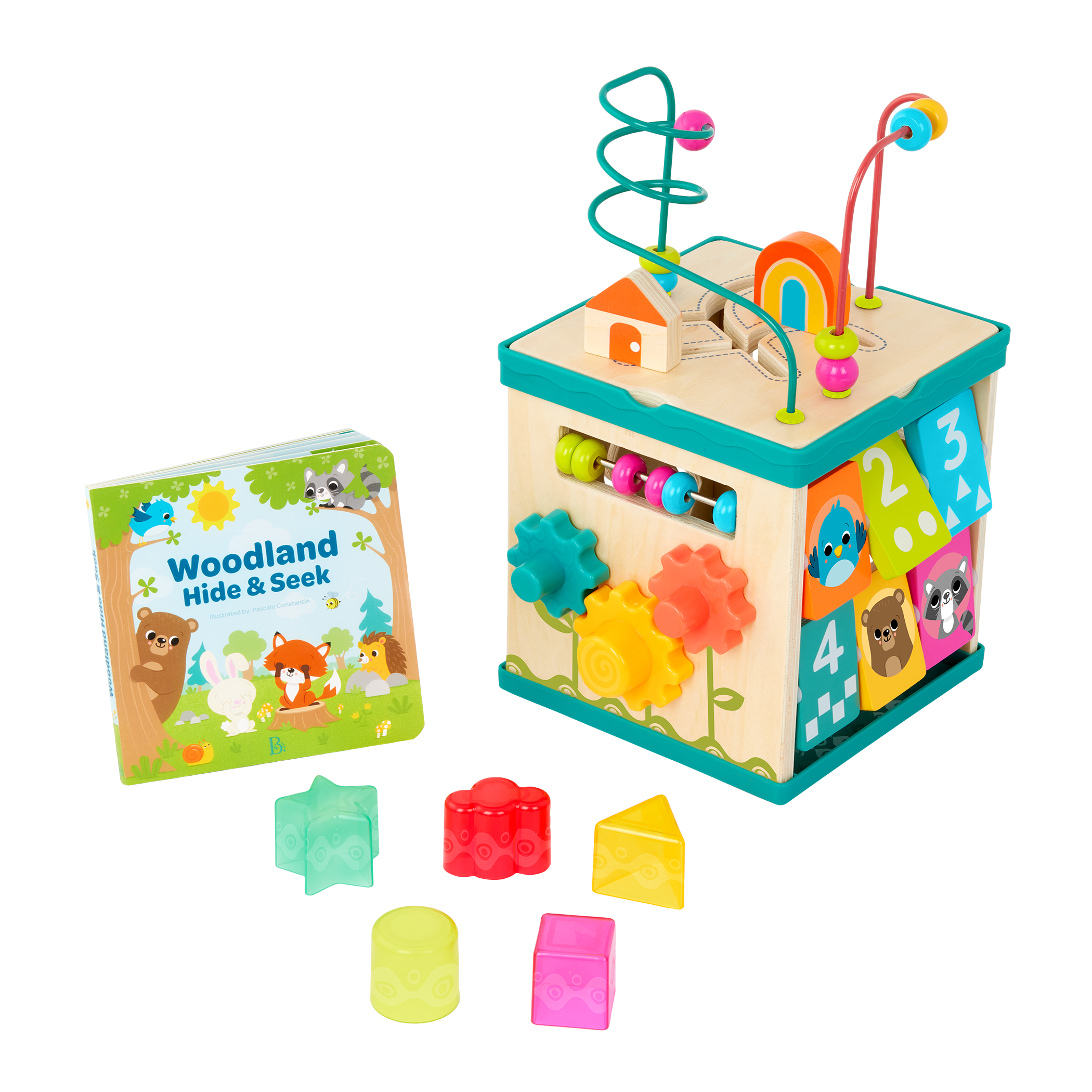 tabletop portable wooden activity cube and baby book