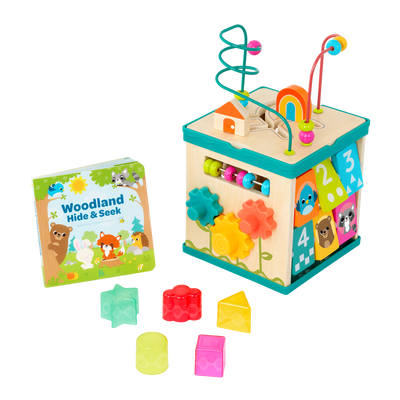 tabletop portable wooden activity cube and baby book
