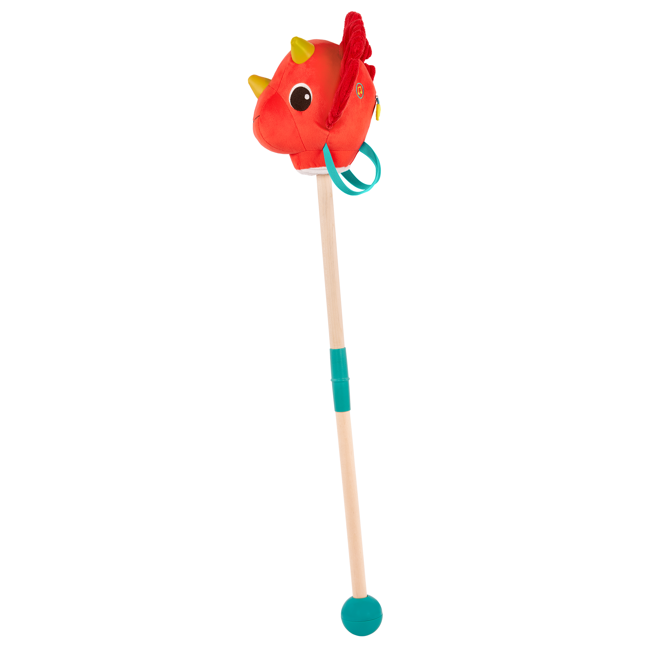 Plush dino hobbyhorse triceratops with wooden stick, sounds, and sensory textures