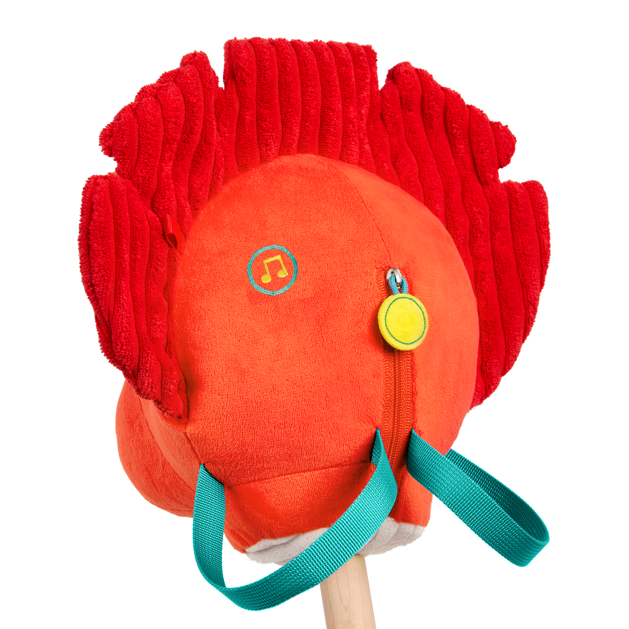 Plush dino hobbyhorse triceratops with wooden stick, sounds, and sensory textures