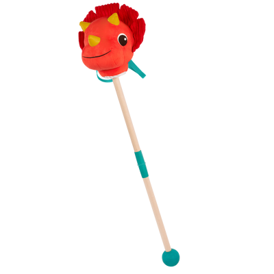 Plush dino hobbyhorse triceratops with wooden stick, sounds, and sensory textures
