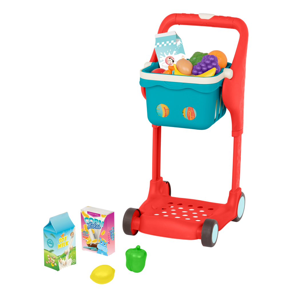 Toy shopping cart with groceries.