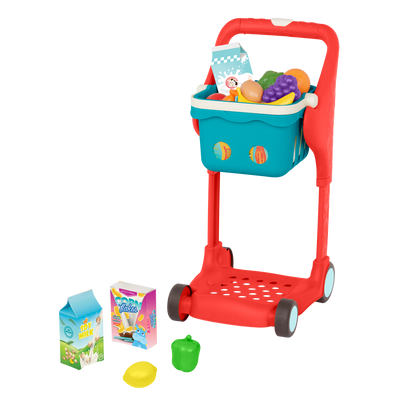 Toy shopping cart with groceries.