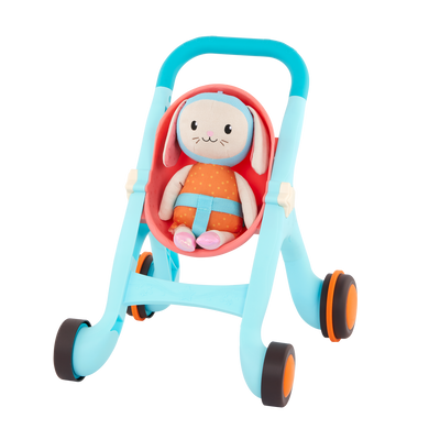 Toy stroller with plush bunny.