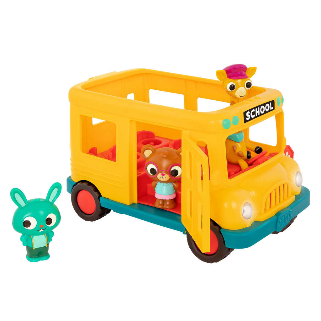 Toy school bus with animal characters.