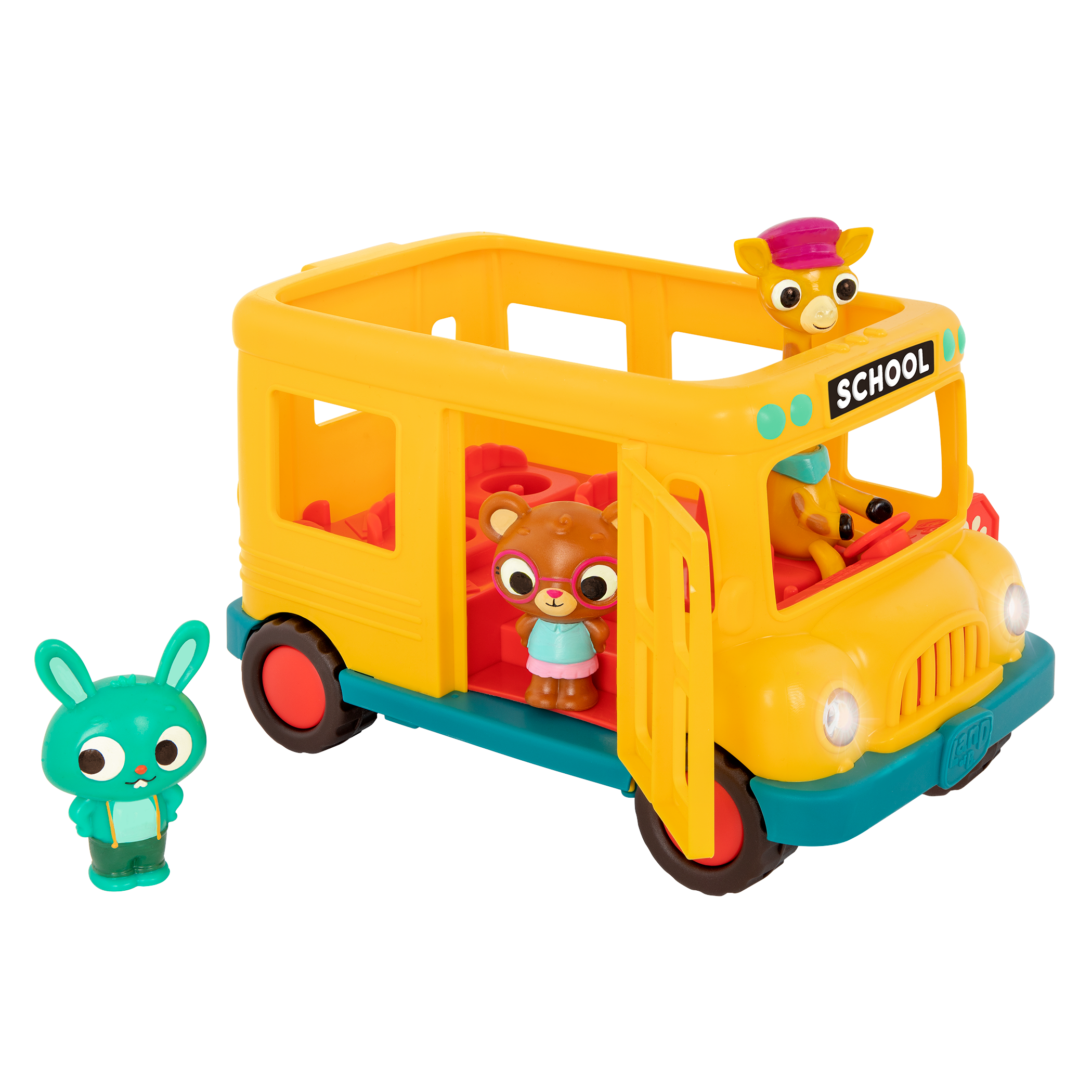 Toy school bus with animal characters.