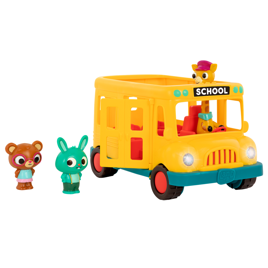 Toy school bus with animal characters.