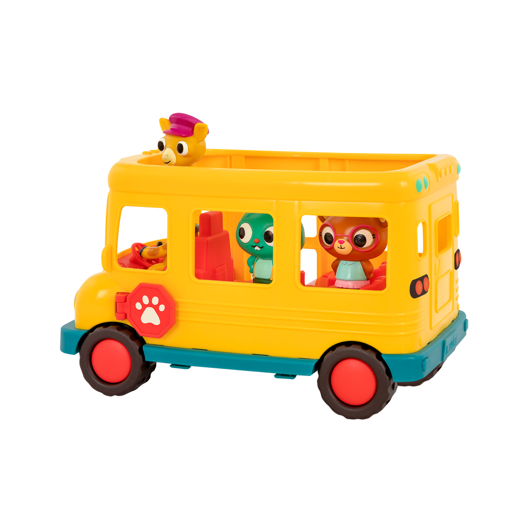 Toy school bus with animal characters.