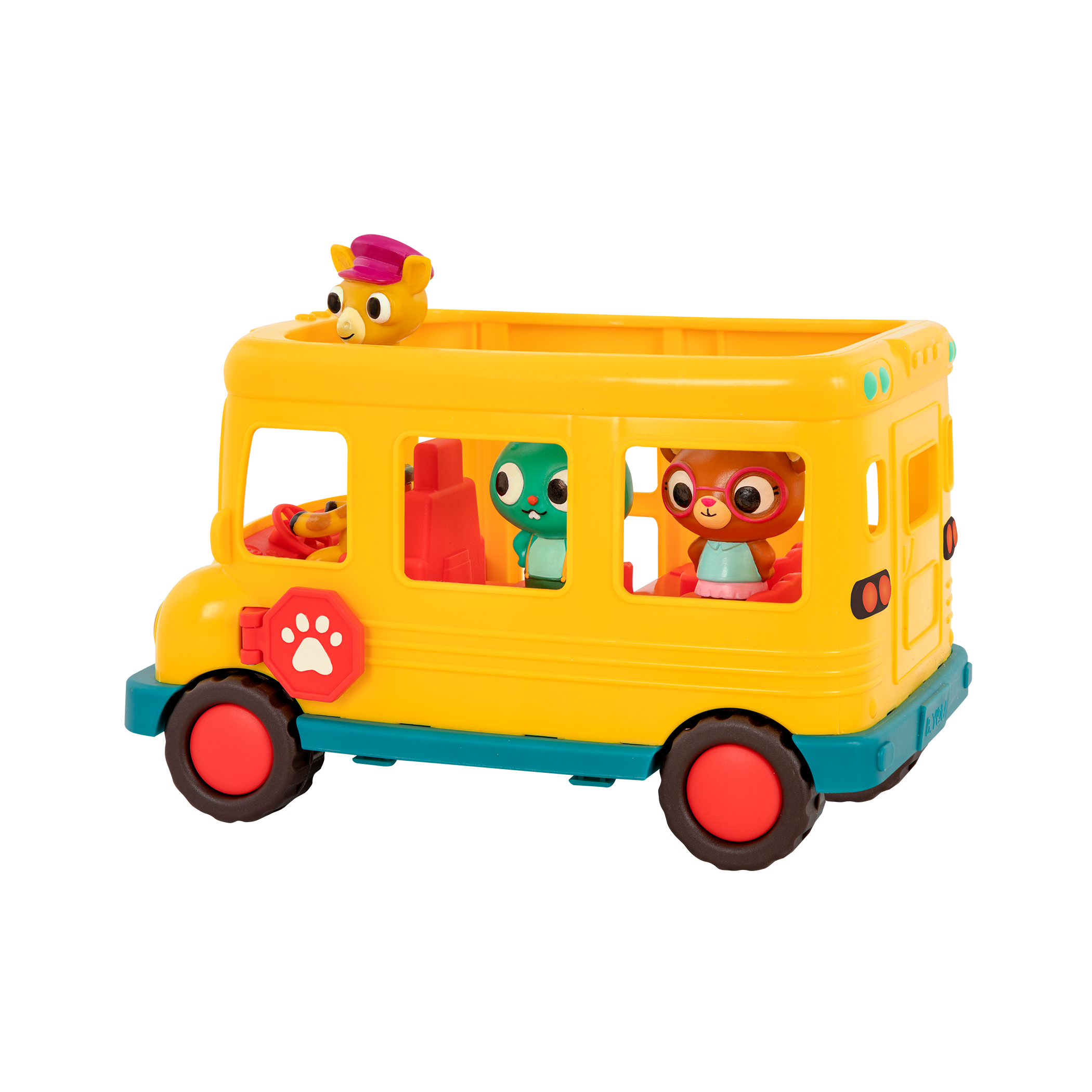 Toy school bus with animal characters.