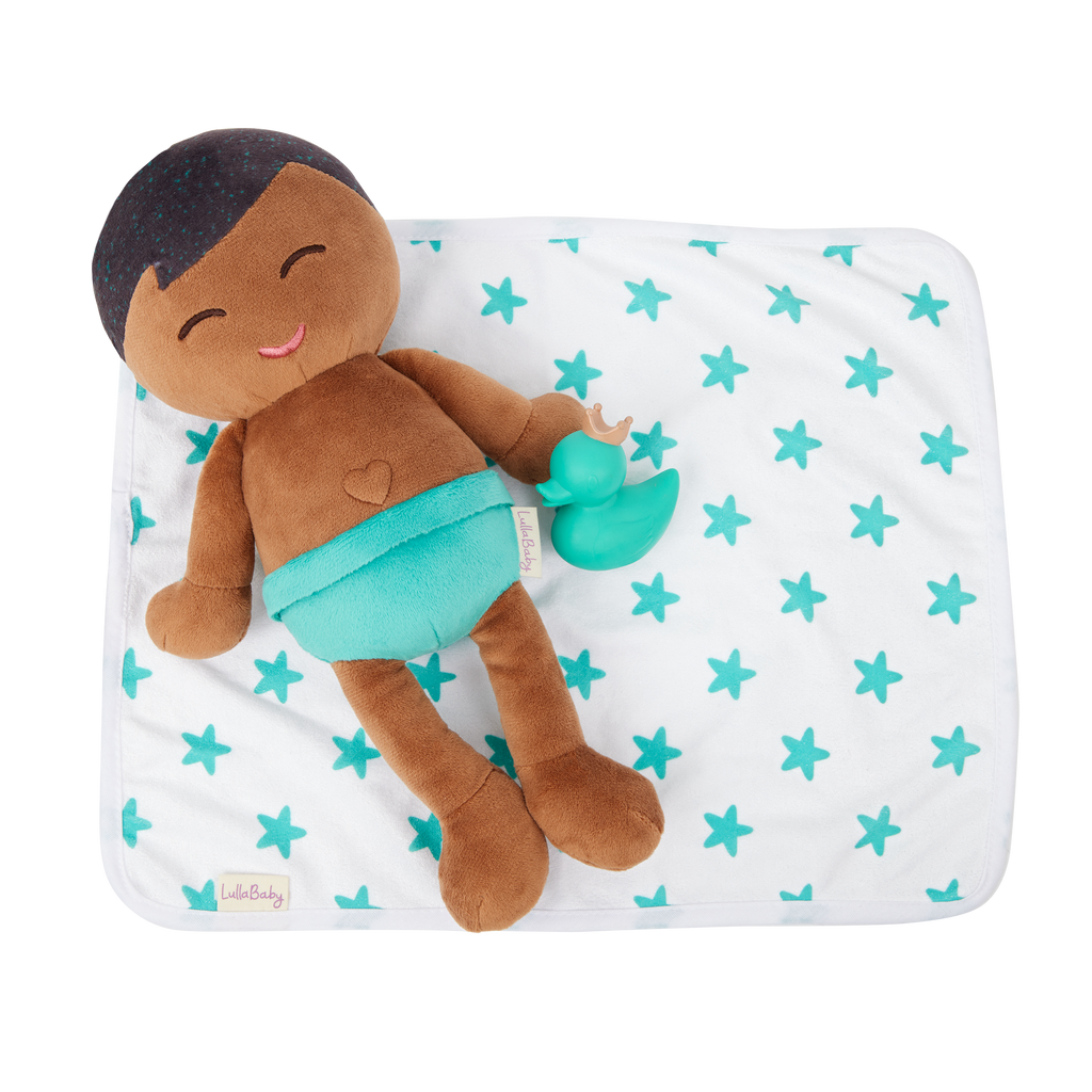 LullaBaby - Bath Doll Boy Brunette Dark Skin w/green duck
