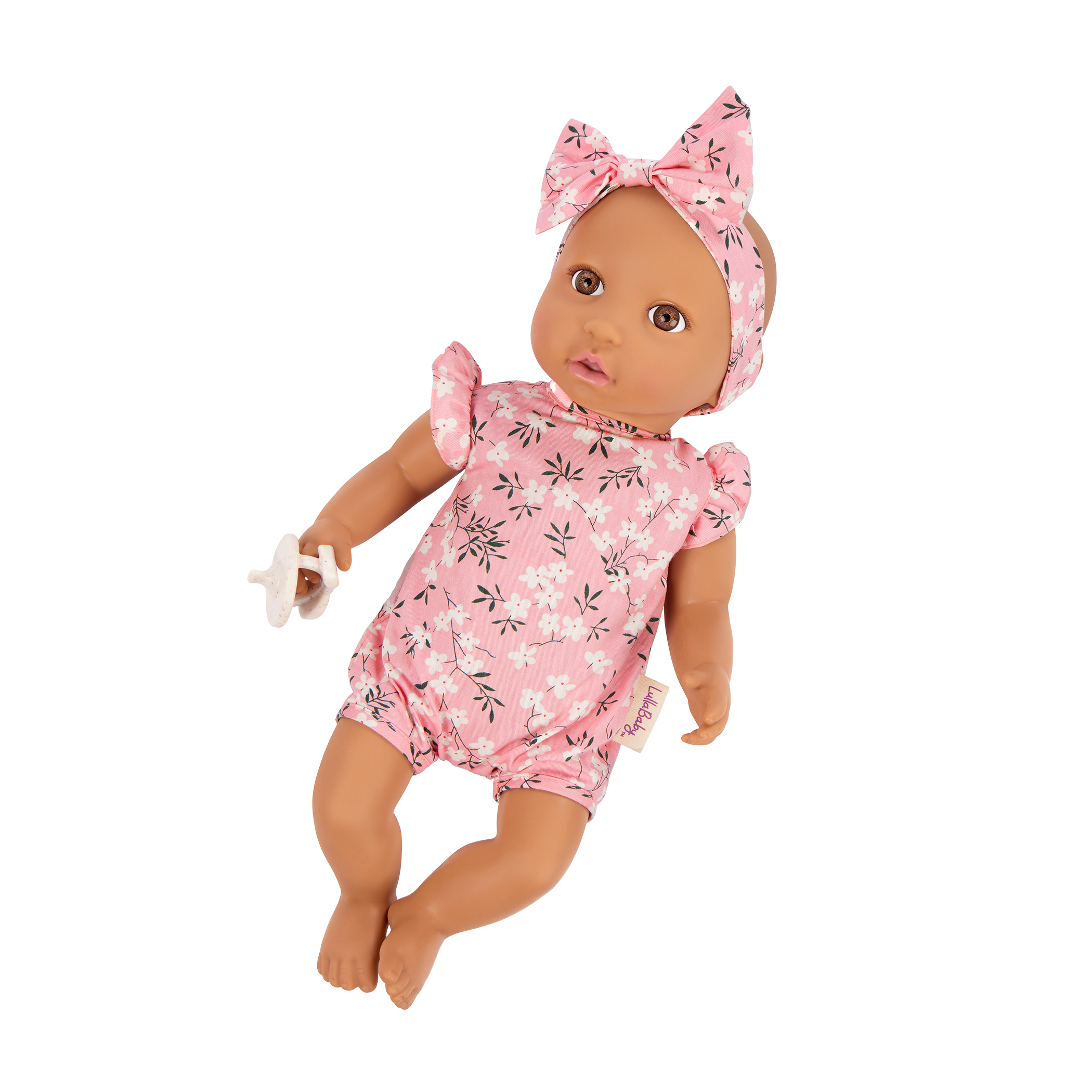 14" Soft Baby Doll w/Floral Onesie, Headband and a Soother