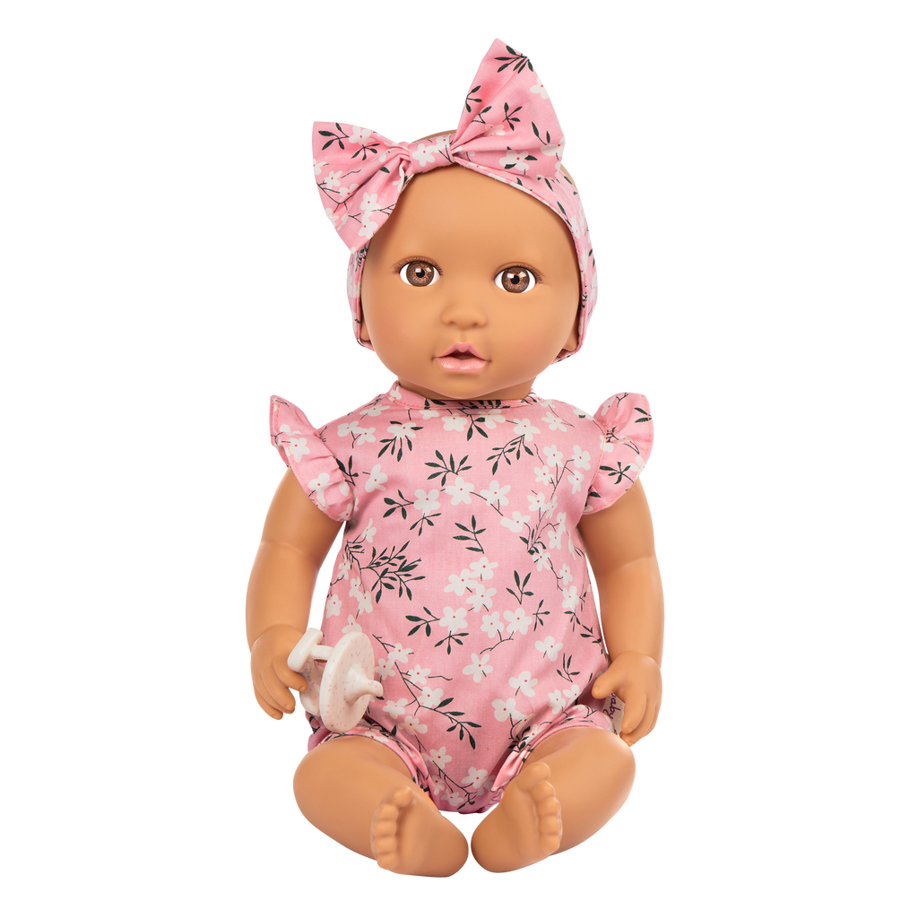 14" Soft Baby Doll w/Floral Onesie, Headband and a Soother