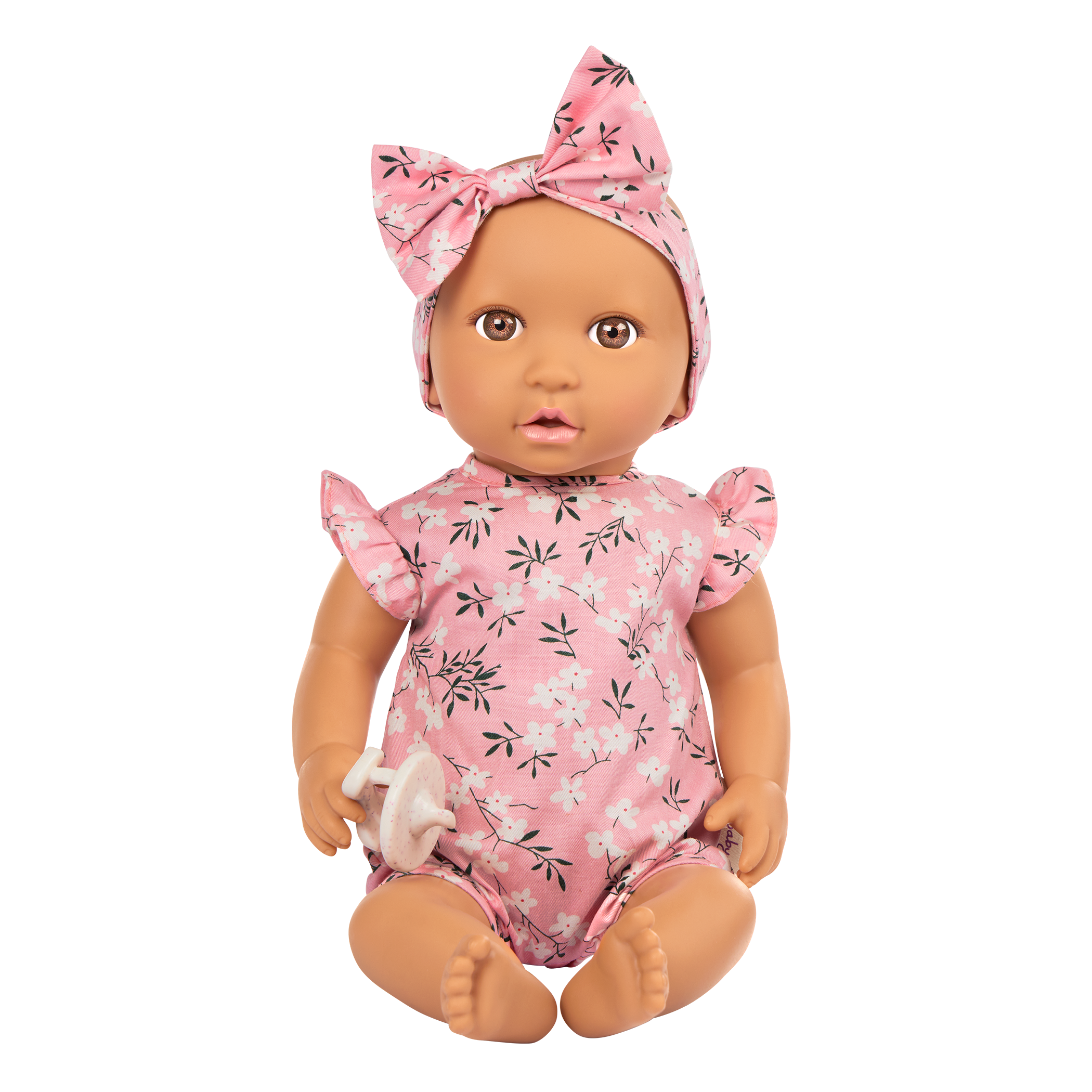 14" Soft Baby Doll w/Floral Onesie, Headband and a Soother