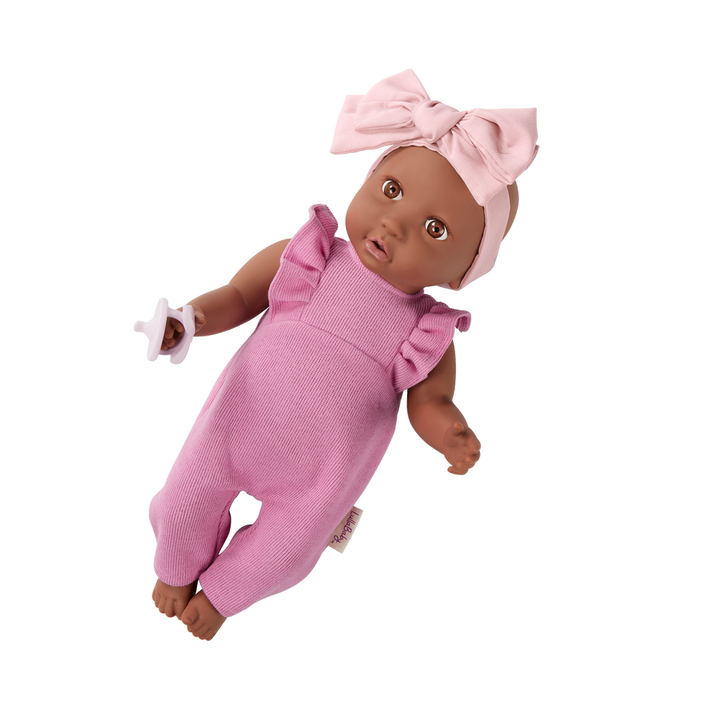 LullaBaby doll in purple romper