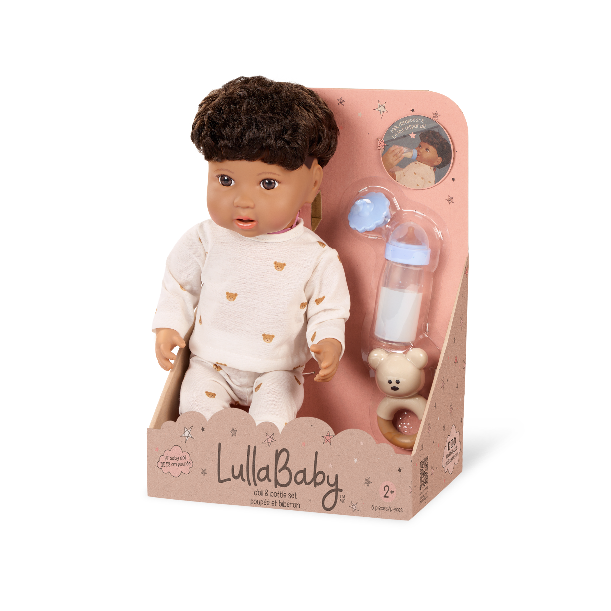 LullaBaby boy doll with brown hair in teddy bear outfit