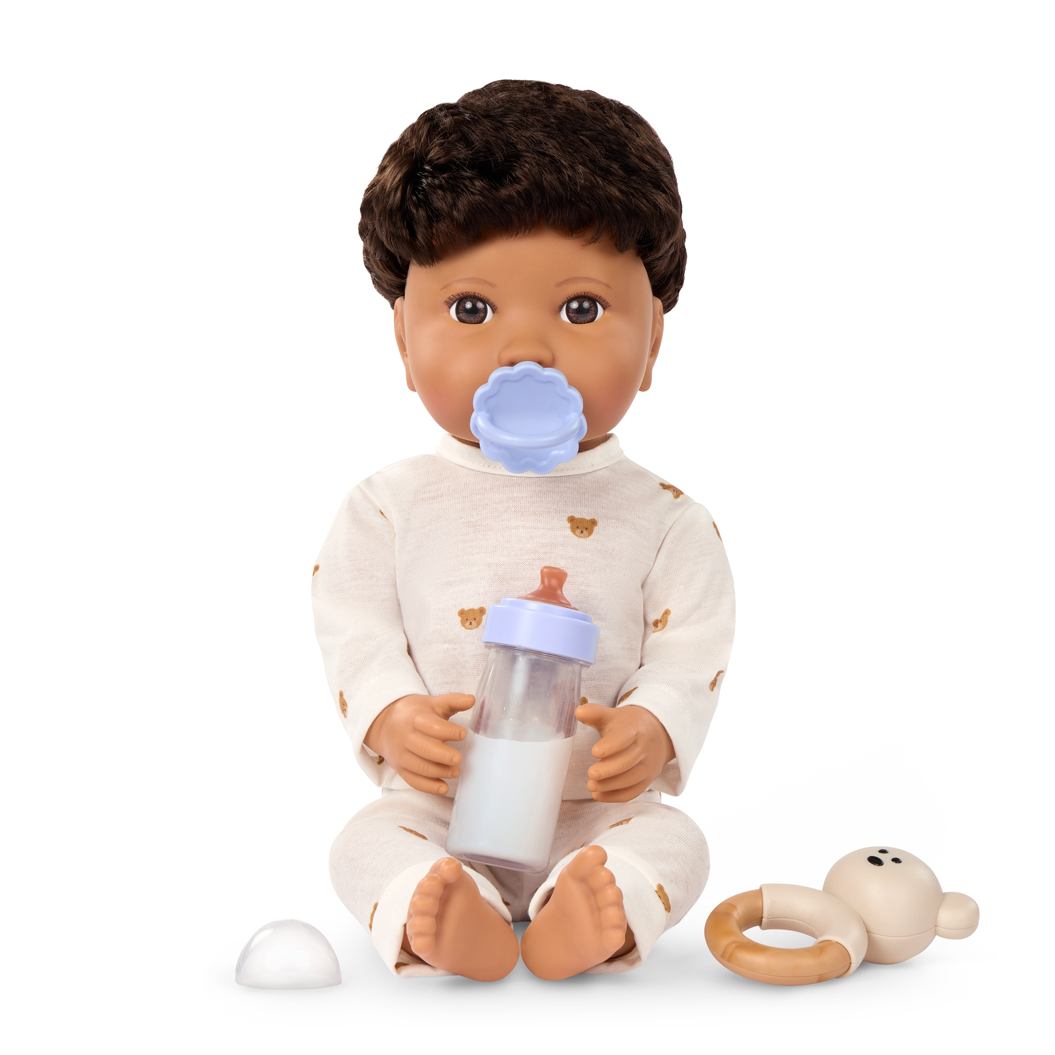 LullaBaby boy doll with brown hair in teddy bear outfit