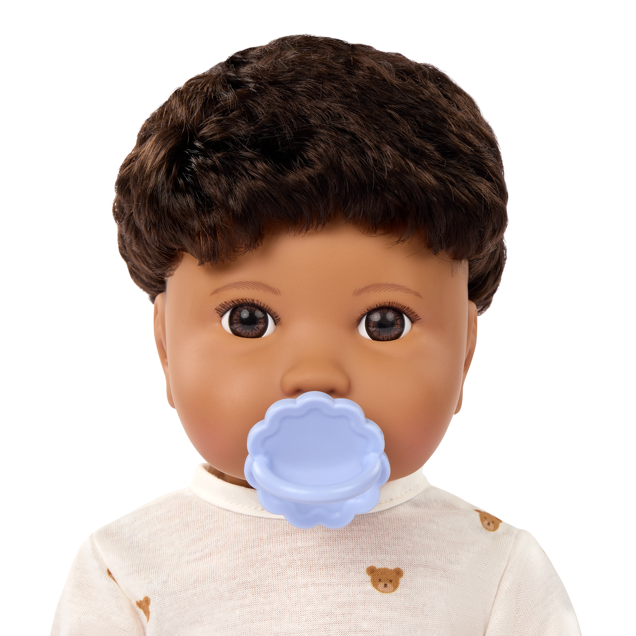 LullaBaby boy doll with brown hair in teddy bear outfit