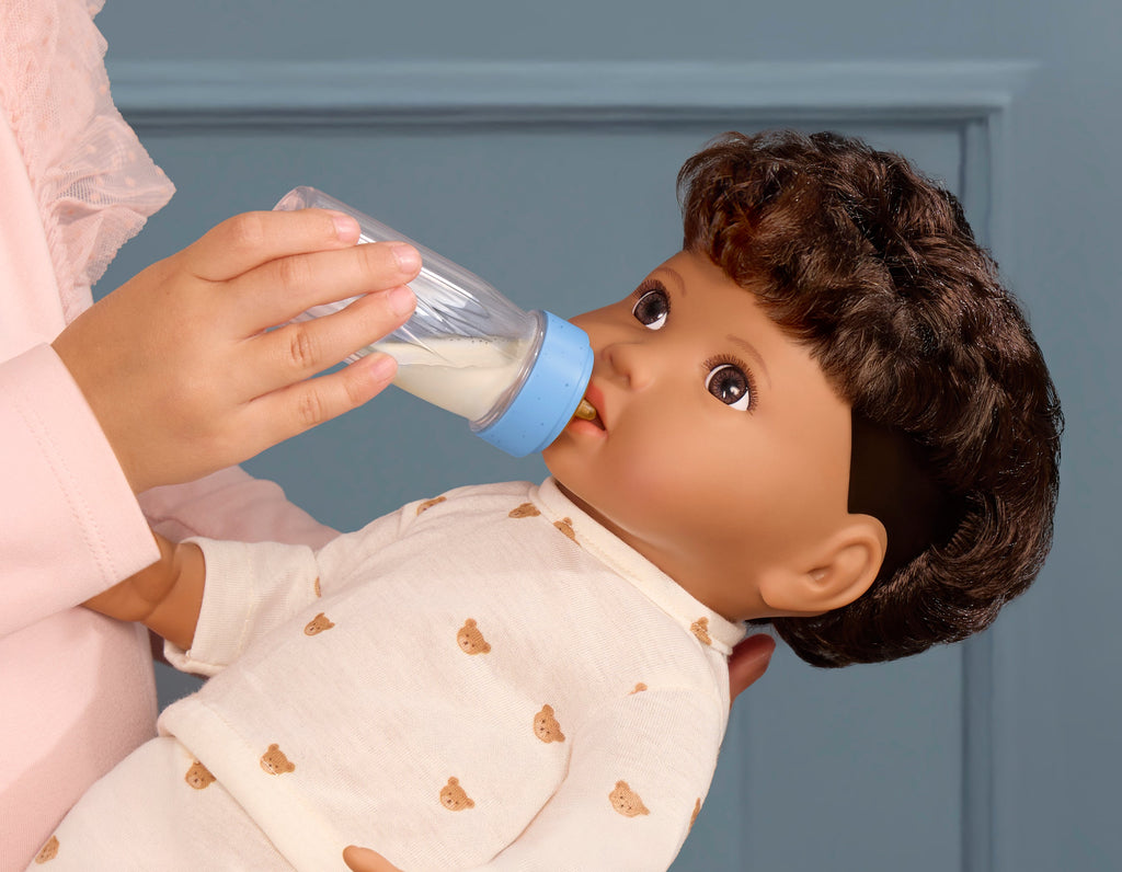 LullaBaby boy doll with brown hair in teddy bear outfit