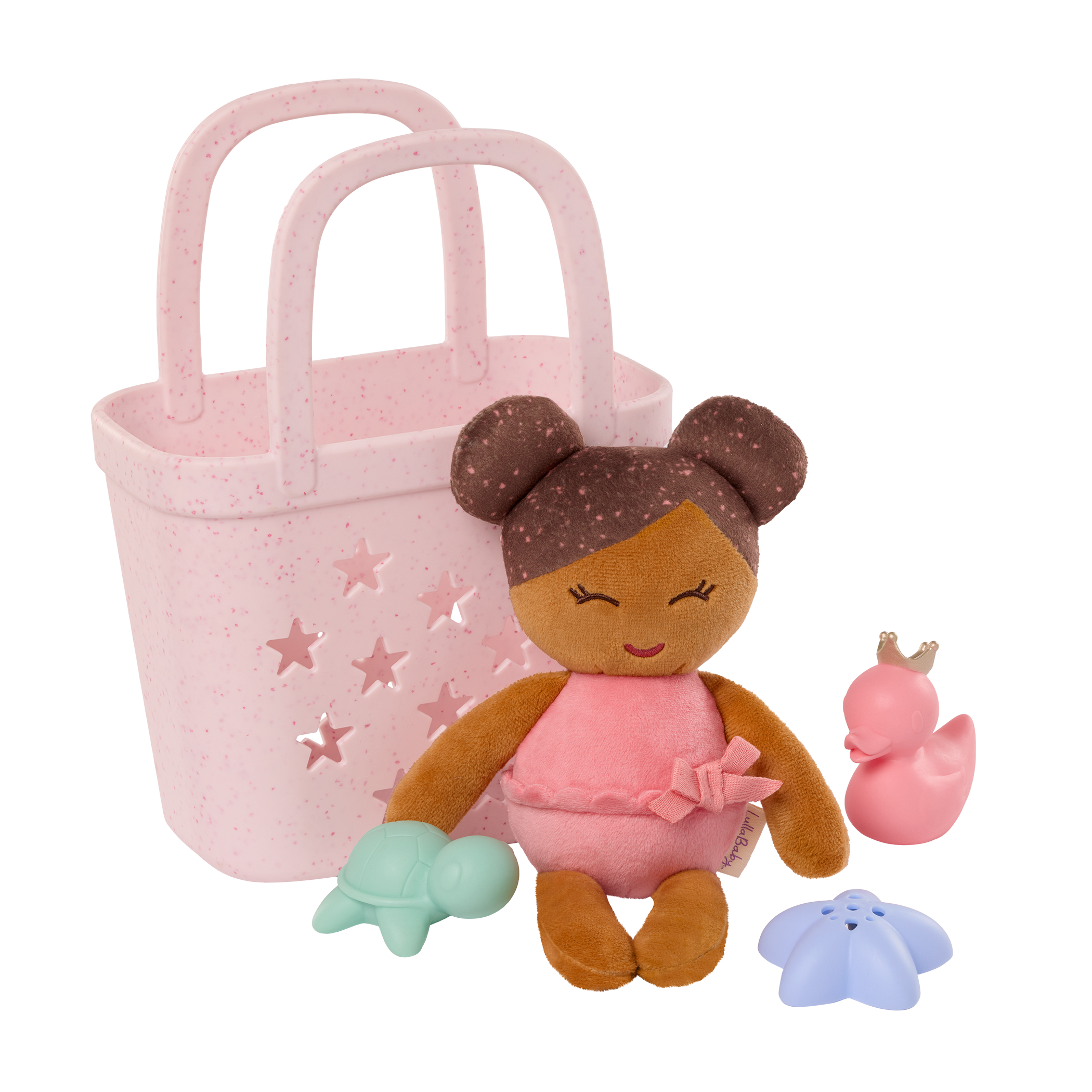 LullaBaby bath doll, bath toys, and pink basket