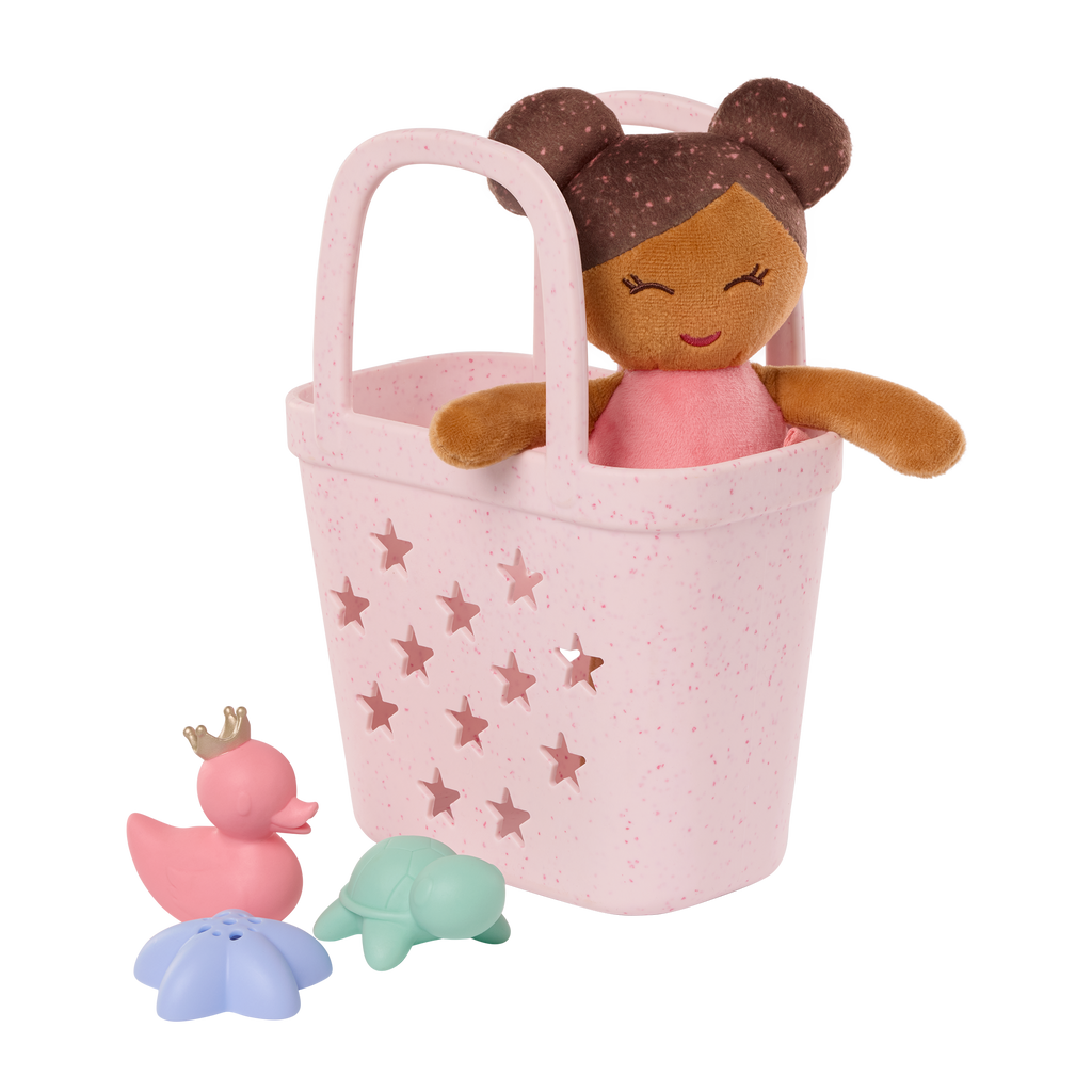 LullaBaby bath doll, bath toys, and pink basket