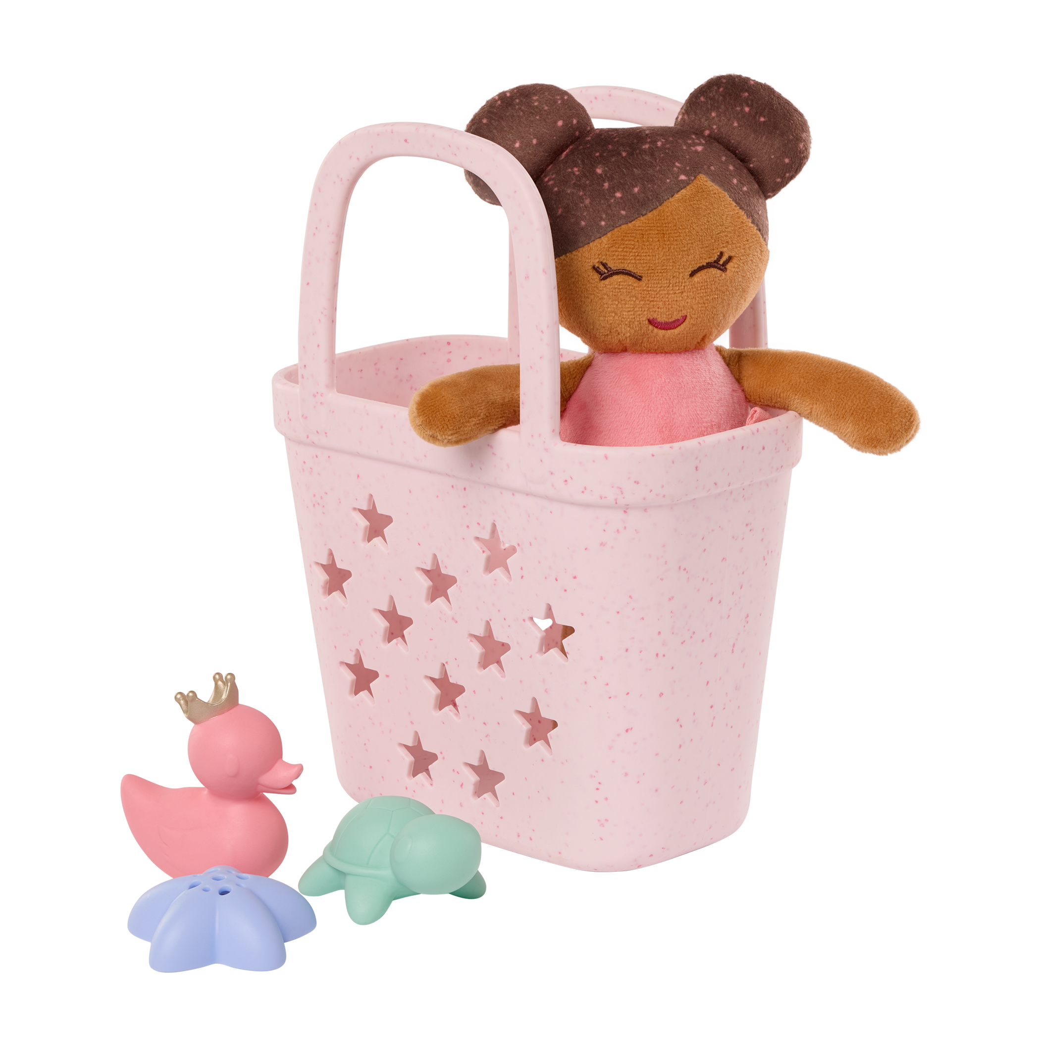 LullaBaby bath doll, bath toys, and pink basket