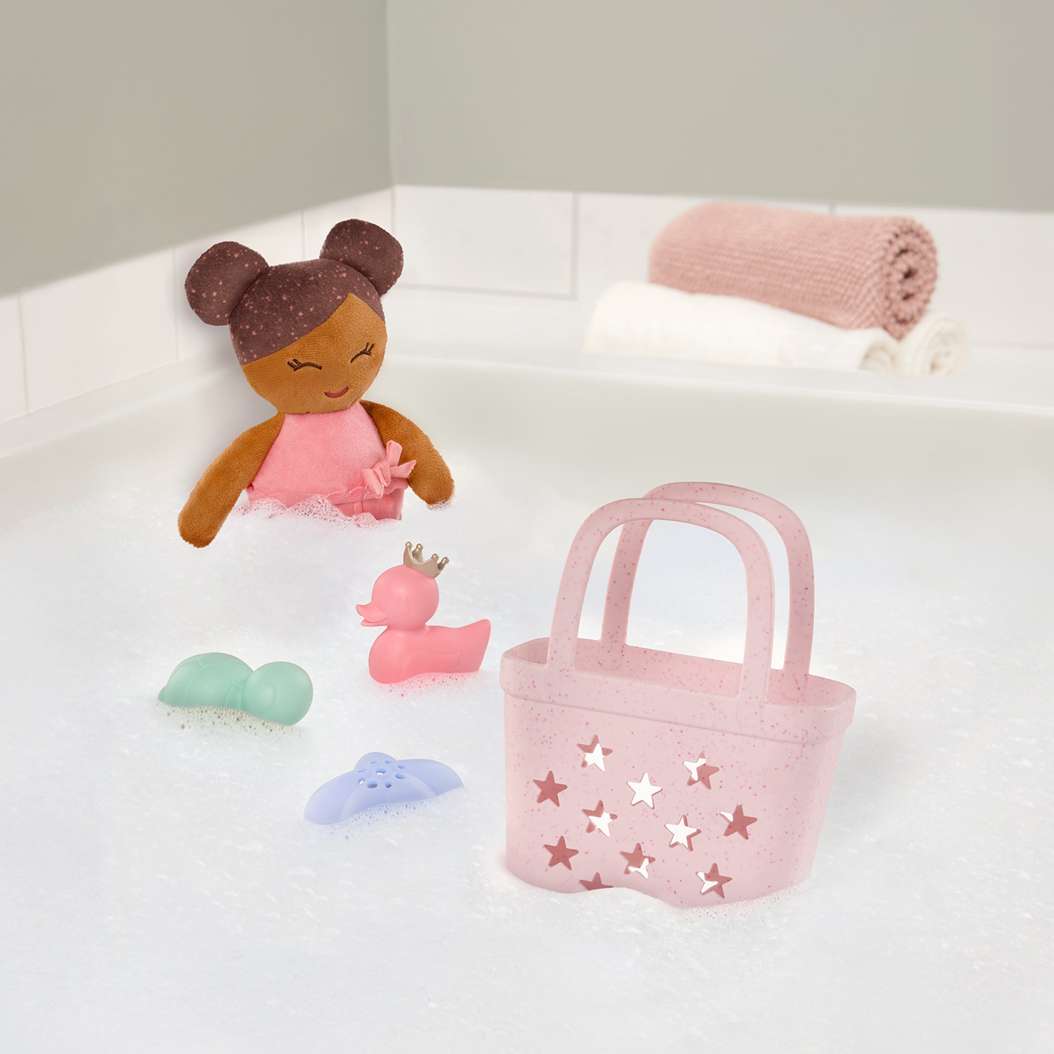 LullaBaby bath doll, bath toys, and pink basket