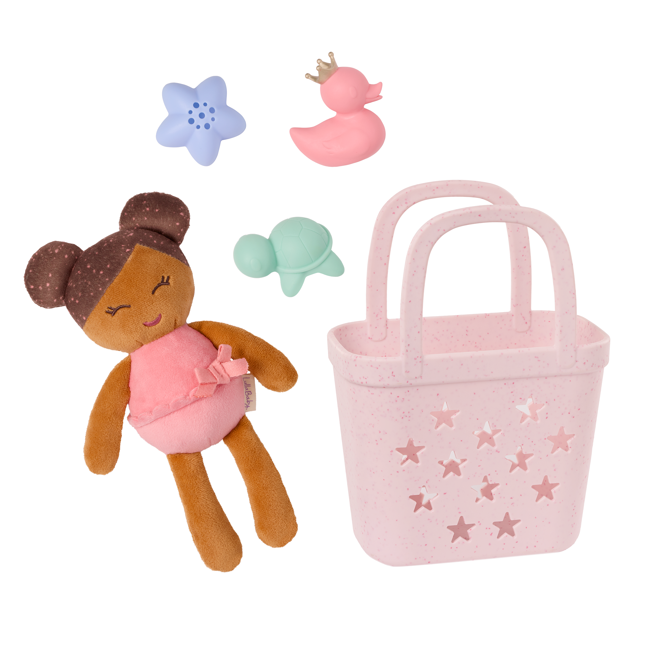 LullaBaby bath doll, bath toys, and pink basket